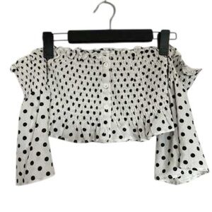 Polka dot Off Shoulder Ruffled White Black Blouse Size S Romantic Neutrals Girly